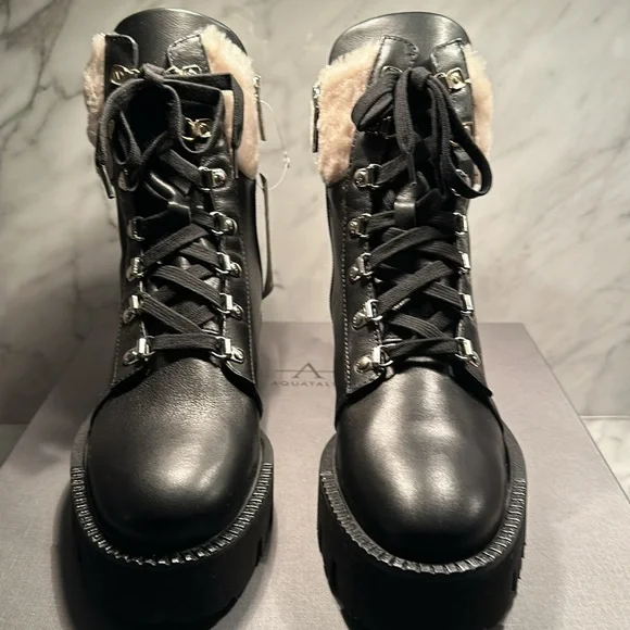 Aquatalia Alyssa Shearling trimmed Weatherproof Leather Calfskin Boots - Picture 2 of 8